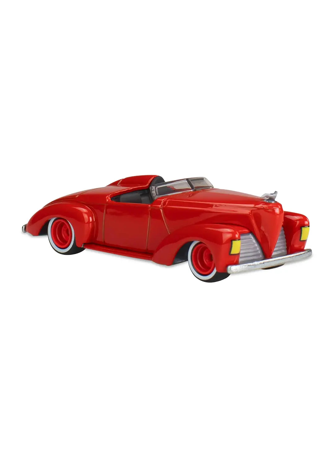 Close-up view of the deep red Hot Wheels First Batmobile vintage coupe showing a curved aerodynamic fin and silver-trimmed redline Real Riders wheels.