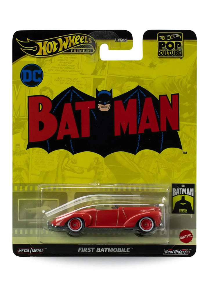 Hot Wheels Premium Pop Culture DC Batman First Batmobile 1:64 scale premium diecast car mint on its original vintage comic book themed blister card.
