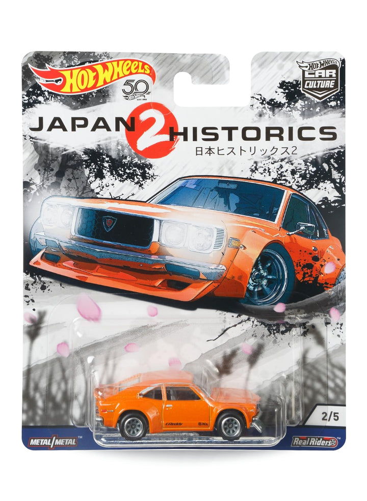 Hot Wheels Car Culture Japan Historics 2 Mazda RX-3 1:64 scale premium diecast car mint on retro Japanese racing card.