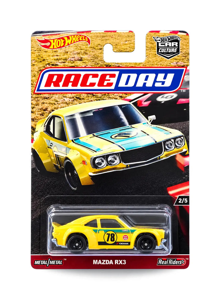 Hot Wheels Car Culture Race Day Mazda RX-3 1:64 scale premium diecast coupe mint on its original high-speed motorsport blister card.