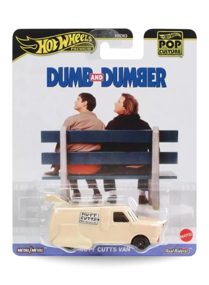 Hot Wheels Premium Pop Culture Dumb and Dumber Mutt Cutts Van 1:64 scale premium diecast novelty vehicle mint on its original comedy movie themed blister card.