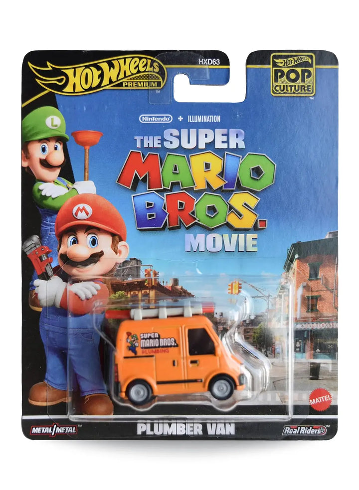 Hot Wheels Premium Pop Culture The Super Mario Bros. Movie Plumber Van 1:64 scale premium diecast delivery van mint on its original Nintendo animation themed blister card.