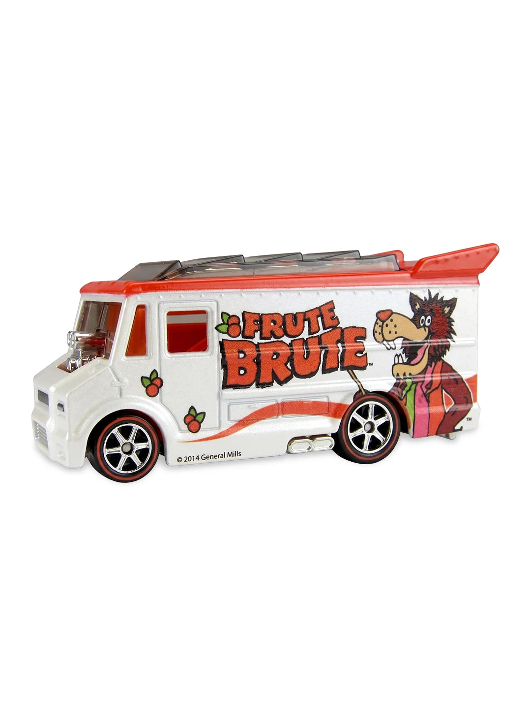Close-up view of the white Hot Wheels Frute Brute Smokin' Grille truck showing side logo graphics and open service windows.