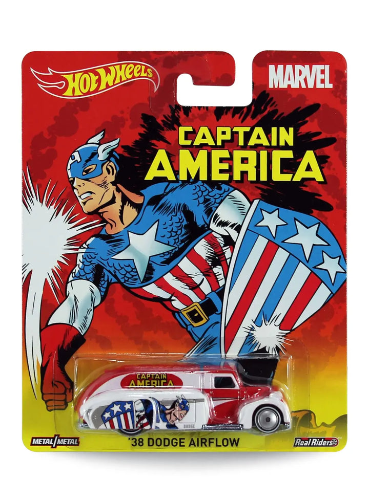 Hot Wheels Pop Culture Marvel Captain America '38 Dodge Airflow 1:64 scale diecast car mint on its original retro comic art blister card.