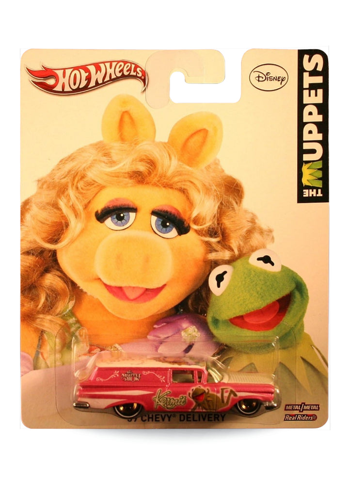 Hot Wheels Pop Culture 2014 The Muppets '57 Chevy Delivery 1:64 scale diecast car mint on its original Disney Miss Piggy and Kermit blister card.