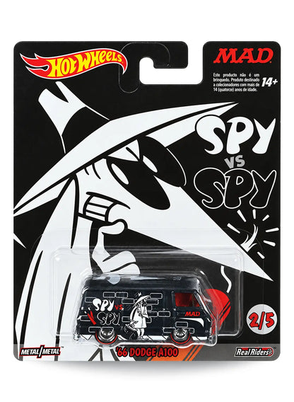 Hot Wheels Pop Culture MAD Magazine Spy vs. Spy Black Spy '66 Dodge A100 1:64 scale premium diecast van mint on card.