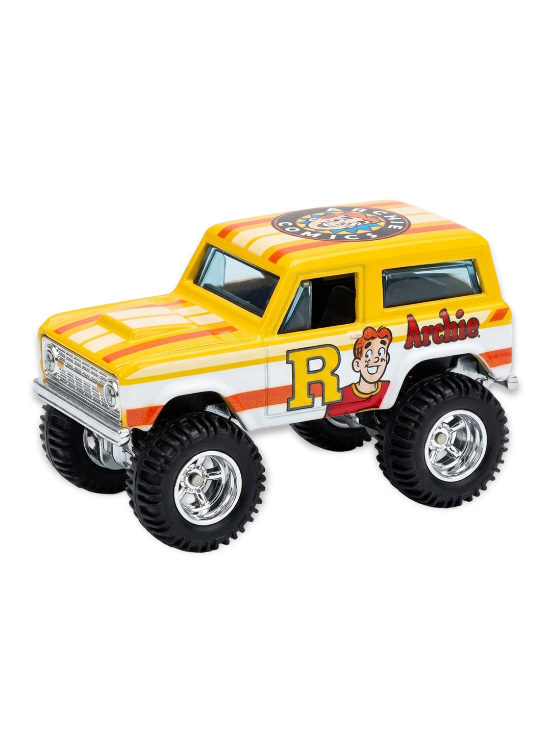 Close-up view of the yellow and white Hot Wheels 2013 Archie Comics '67 Ford Bronco truck showing side Riverdale High letterman graphics and off-road Real Riders wheels.