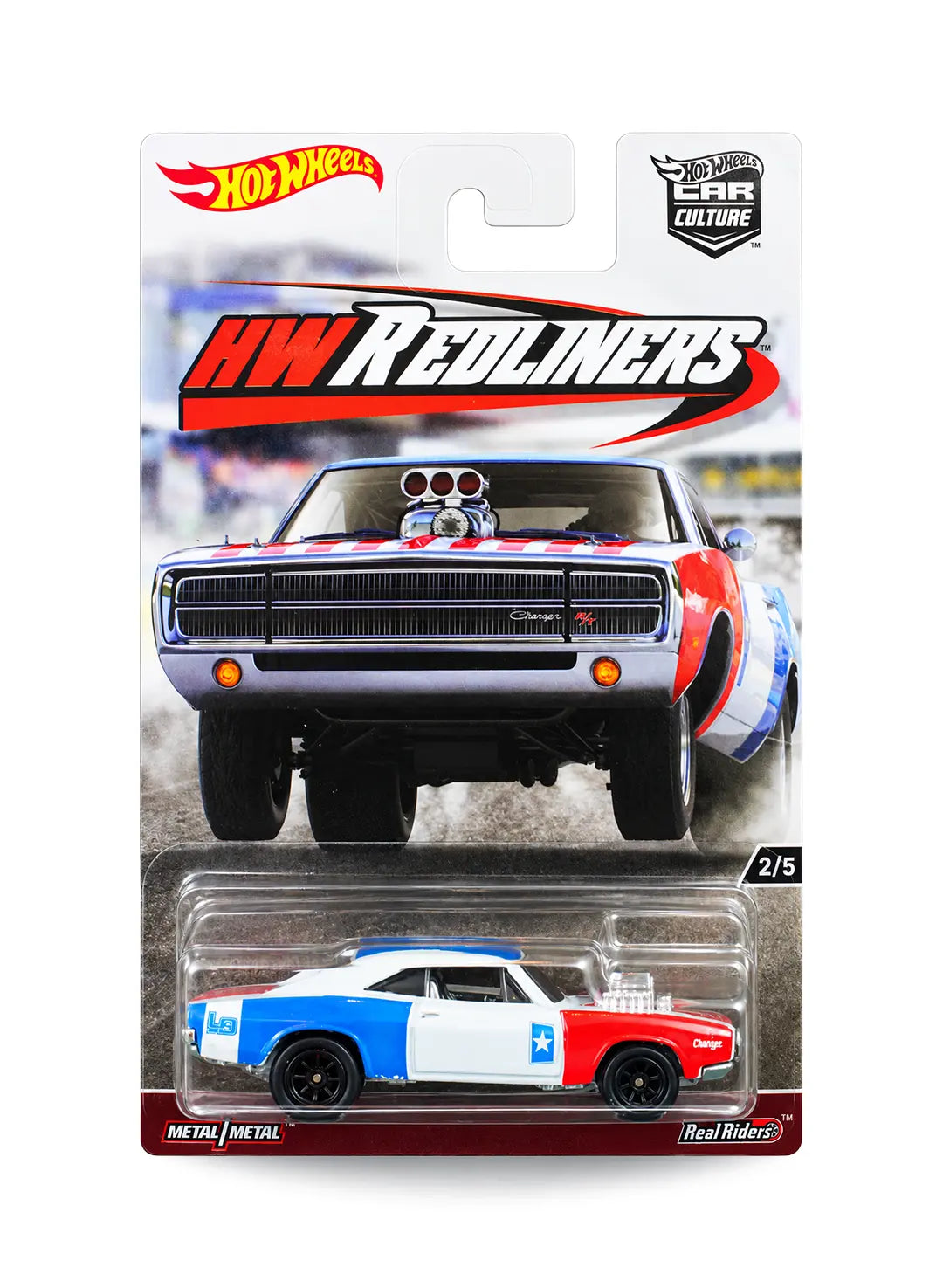 Hot Wheels Car Culture HW Redliners '70 Dodge Charger R/T 1:64 scale premium diecast car mint on its original highly collectible 2/5 variant blister card featuring a clean metalflake white racing theme livery and graphic card art.