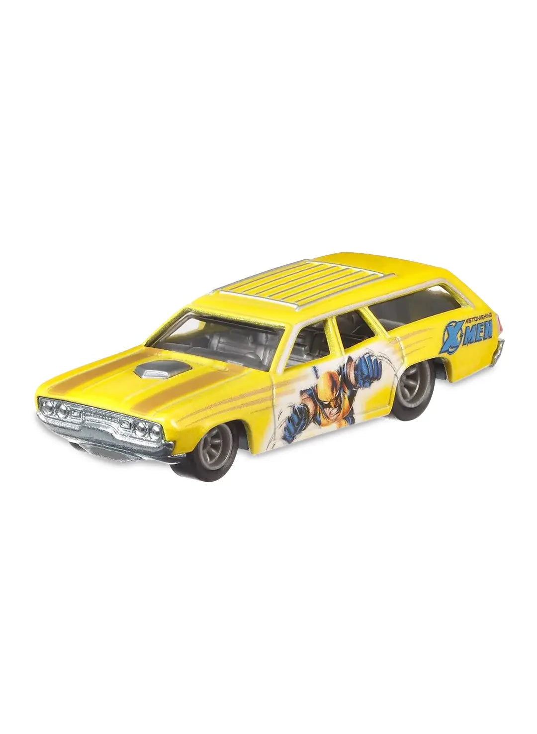 Close-up view of the bright yellow Hot Wheels Astonishing X-Men '71 Plymouth Satellite wagon showing Wolverine graphics and chrome wheels.