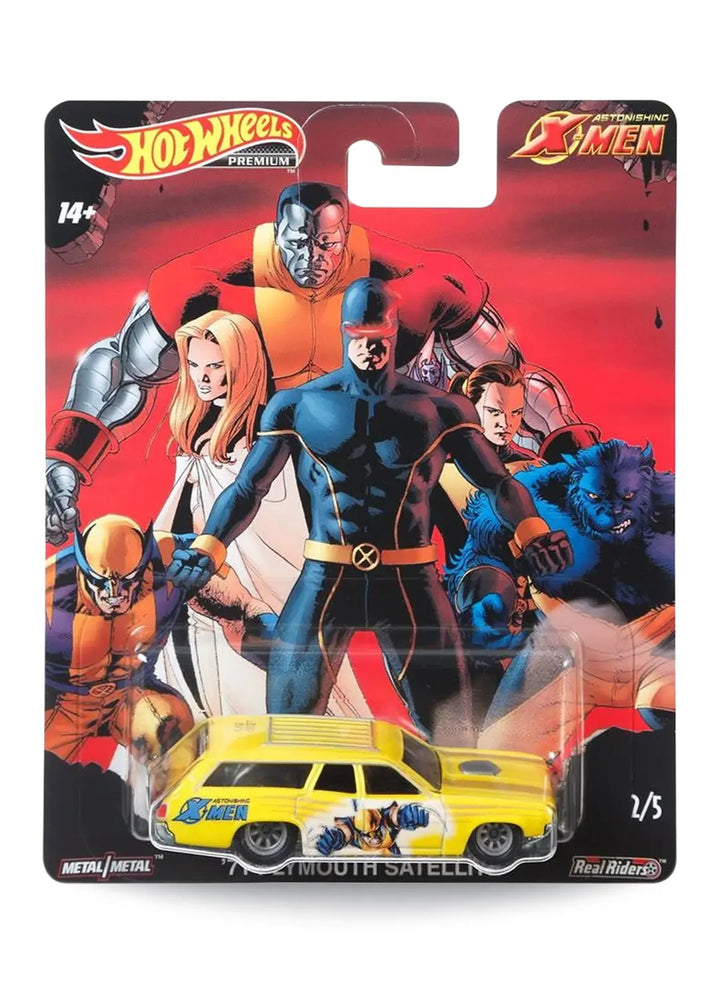Hot Wheels Pop Culture Astonishing X-Men '71 Plymouth Satellite 1:64 scale premium diecast station wagon mint on card.