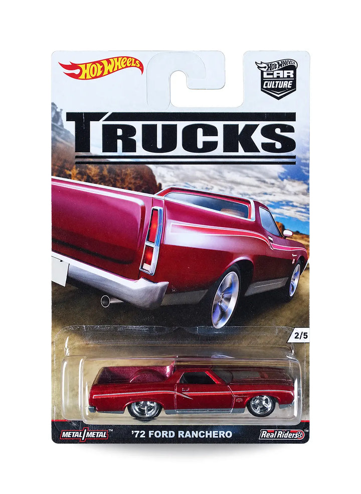 Hot Wheels Car Culture Trucks '72 Ford Ranchero 1:64 scale premium diecast utility coupe mint on its original 2/5 numbered open-road backdrop blister card.