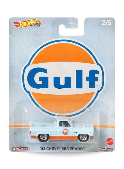 Hot Wheels Pop Culture Vintage Oil Gulf '83 Chevy Silverado 1:64 scale premium diecast truck mint on its original racing stripes card.