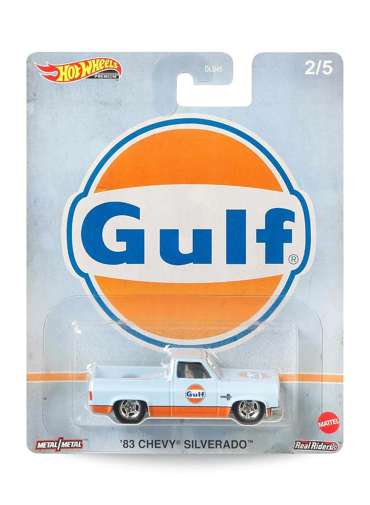 Hot Wheels Pop Culture Vintage Oil Gulf '83 Chevy Silverado 1:64 scale premium diecast truck mint on its original racing stripes card.