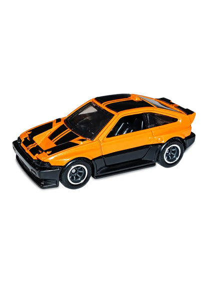 Close-up view of the two-tone orange and black premium Hot Wheels '85 Honda CR-X emphasizing its retro hot hatch styling, low profile rear spoiler layout, and multi-spoke Chrome & Gray RR8SP Real Riders wheels.