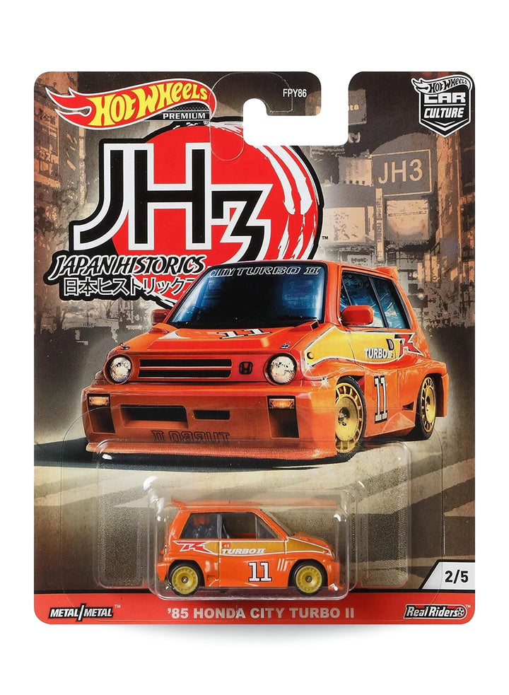 Hot Wheels Car Culture Japan Historics 3 '85 Honda City Turbo II 1:64 scale premium diecast hatchback mint on its original racing-style JH3 blister card.