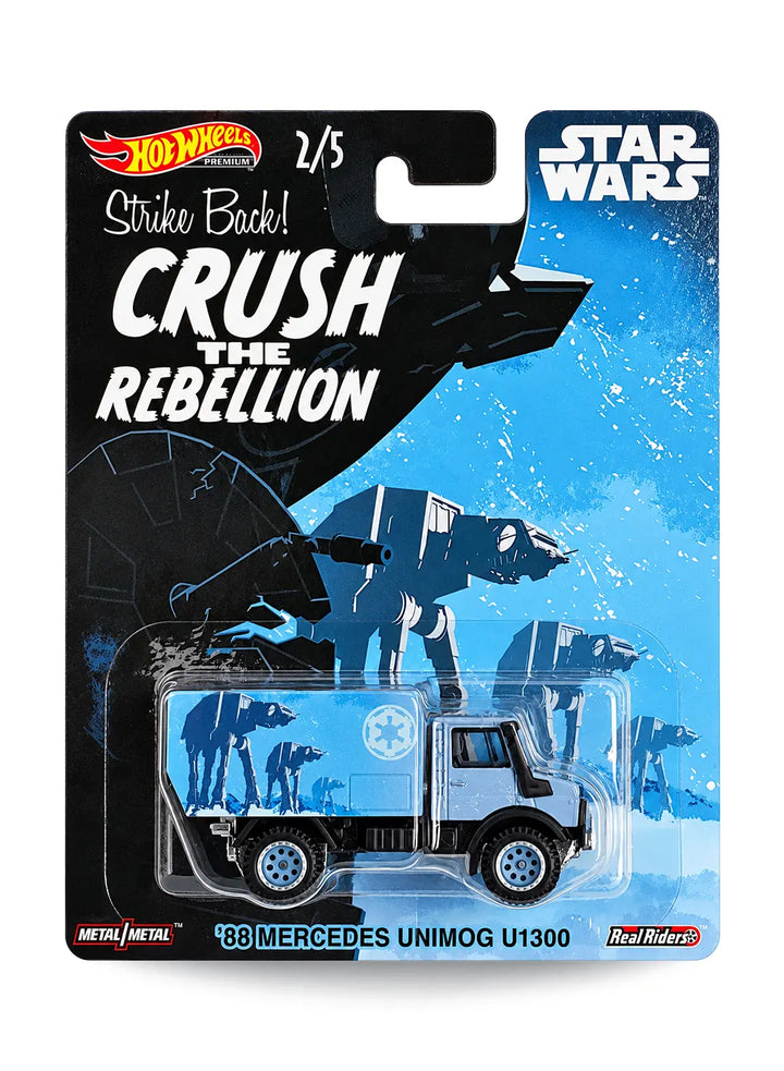 Hot Wheels Pop Culture Star Wars Crush the Rebellion '88 Mercedes Unimog U1300 1:64 scale premium diecast truck mint on its original AT-AT blister card.