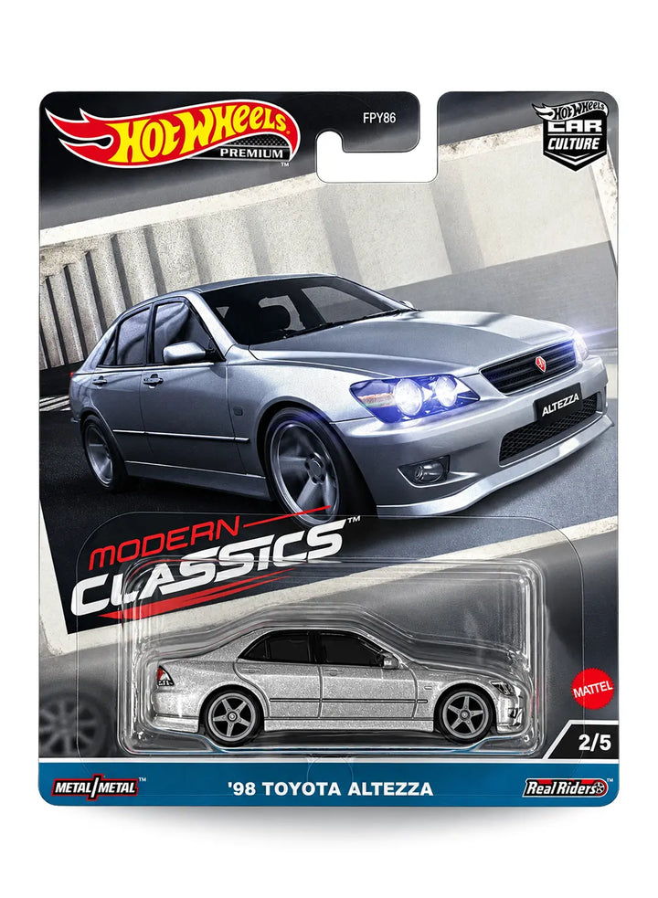 Hot Wheels Car Culture Modern Classics '98 Toyota Altezza 1:64 scale premium diecast car mint on its original highly collectible 2/5 variant blister card showcasing the new casting introduction and metallic silver paint livery.