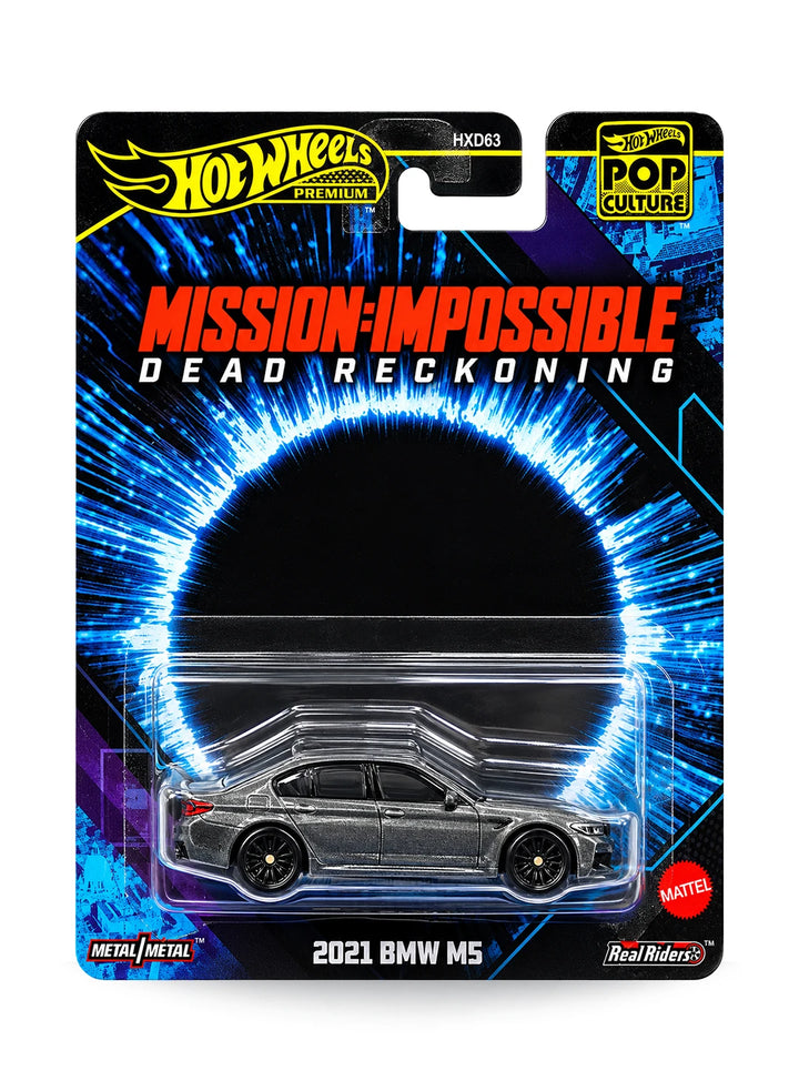 Hot Wheels Premium Pop Culture Mission: Impossible Dead Reckoning 2021 BMW M5 1:64 scale premium diecast car mint on its original action-themed blue explosion blister card.