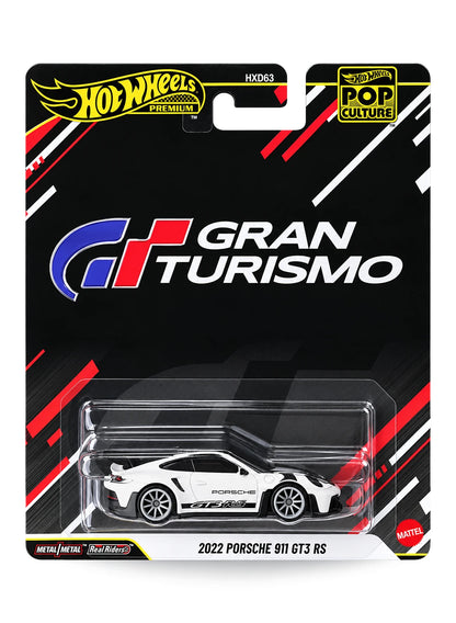 Hot Wheels Premium Pop Culture Gran Turismo 2022 Porsche GT3 RS 1:64 scale premium diecast car mint on its original video game themed striped blister card.