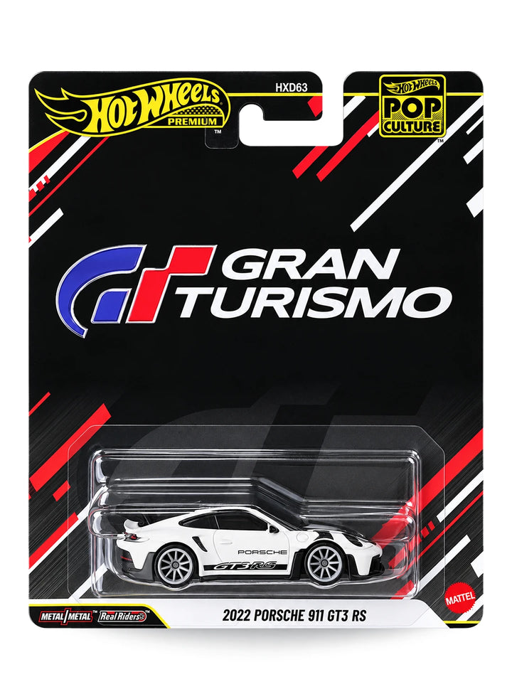 Hot Wheels Premium Pop Culture Gran Turismo 2022 Porsche GT3 RS 1:64 scale premium diecast car mint on its original video game themed striped blister card.