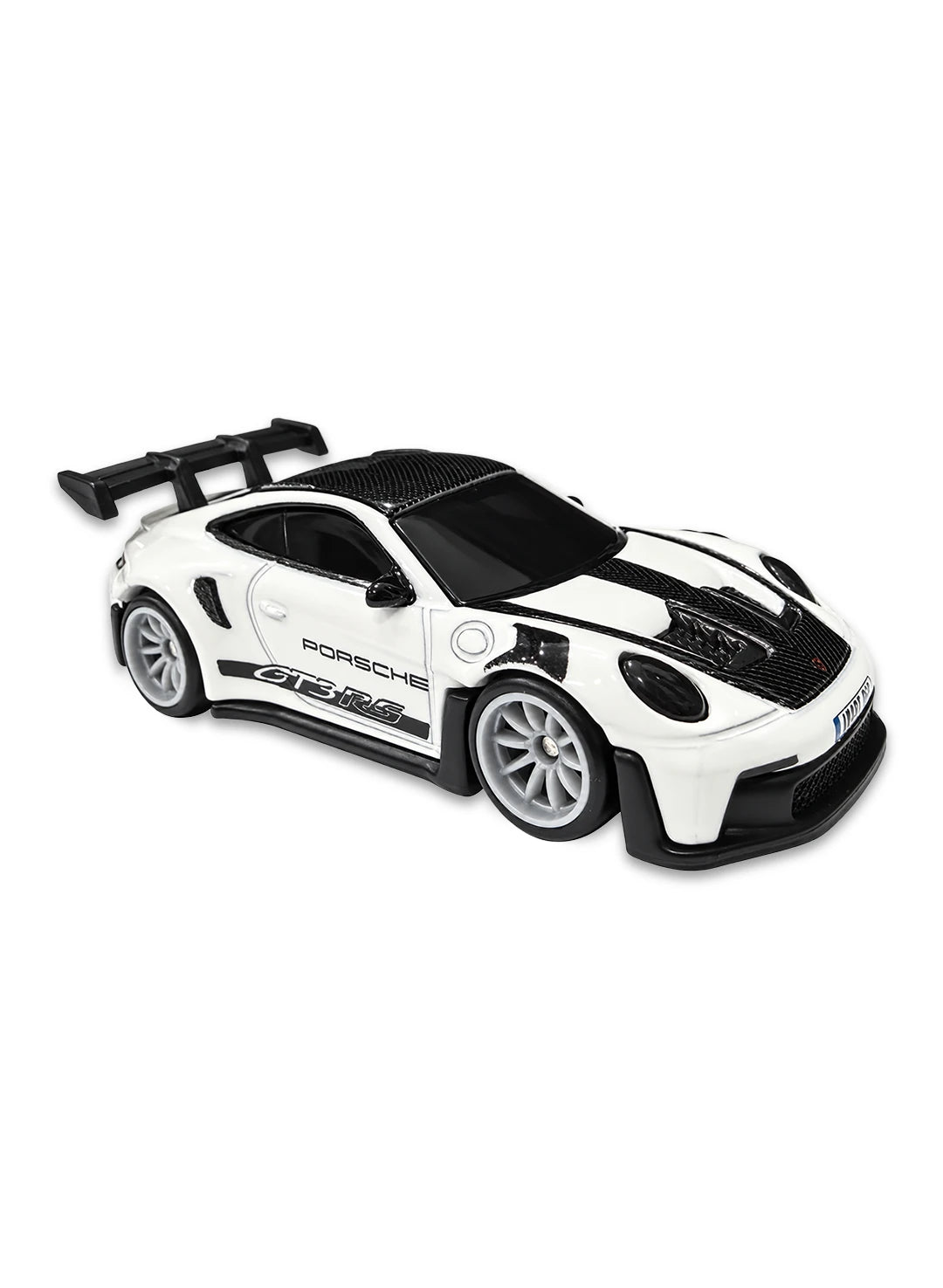 Close-up view of the white Hot Wheels Gran Turismo 2022 Porsche GT3 RS showing side black GT3 RS door graphics, an aggressive rear wing aero kit, and silver multi-spoke Real Riders wheels.