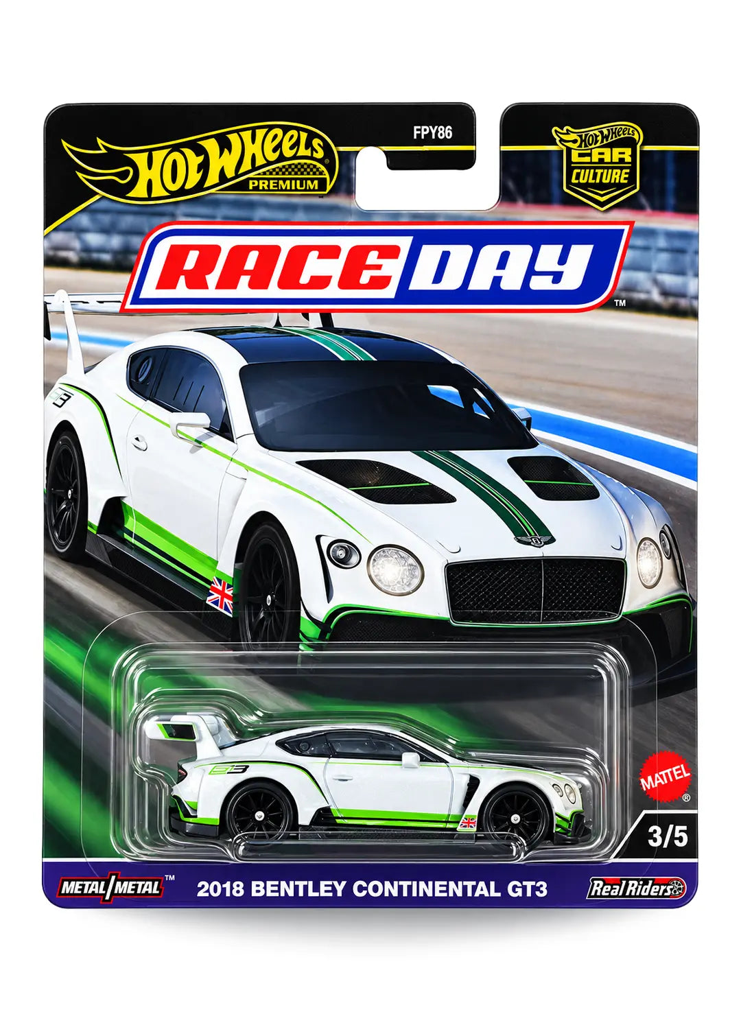 Hot Wheels Car Culture Race Day 2018 Bentley Continental GT3 1:64 scale premium diecast car mint on its original motion-blur track scenery 3/5 blister card.