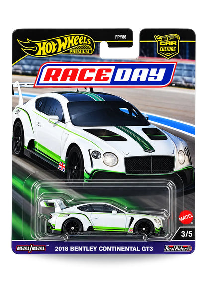 Hot Wheels Car Culture Race Day 2018 Bentley Continental GT3 1:64 scale premium diecast car mint on its original motion-blur track scenery 3/5 blister card.