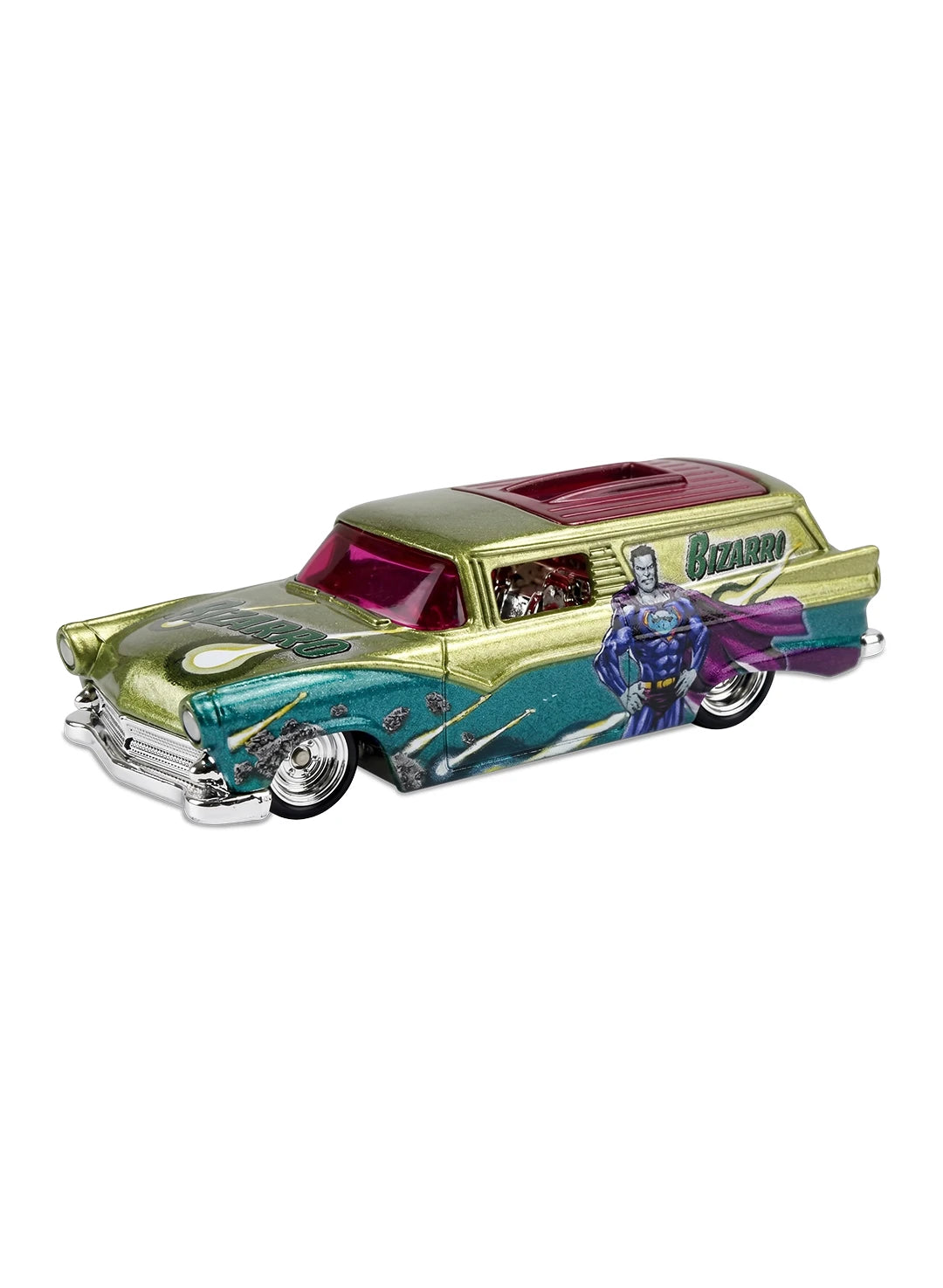 Close-up view of the gold and teal Hot Wheels Bizarro 8 Crate Delivery wagon showing side character graphics and chrome Real Riders wheels.