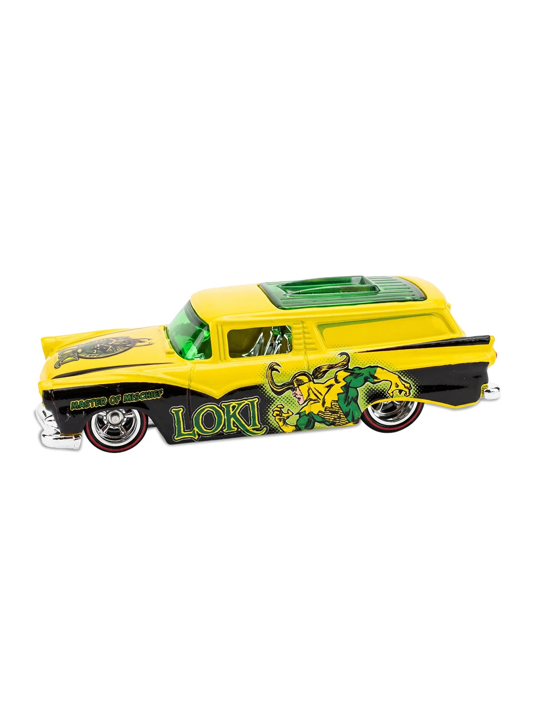 Close-up view of the bright yellow Hot Wheels Loki 8 Crate Delivery wagon showing side green graphics and chrome Real Riders wheels.