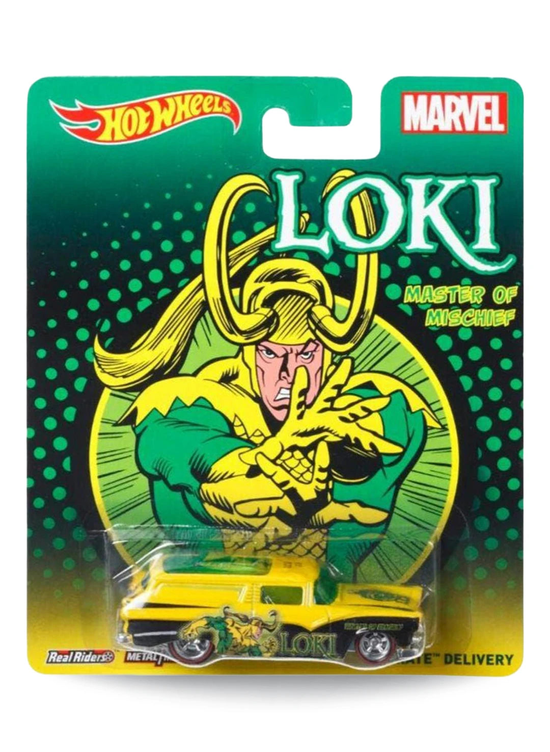 Hot Wheels Pop Culture Marvel Loki 8 Crate Delivery 1:64 scale diecast car mint on its original classic comic art blister card.