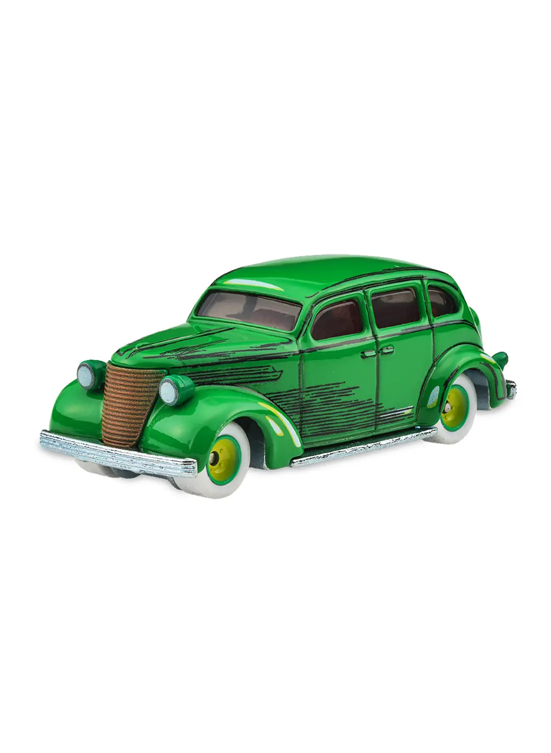 Close-up view of the bright green Hot Wheels Action Comics #1 Action Sedan showing retro chrome grilles, cream accents, and green-centered white wall Real Riders wheels.