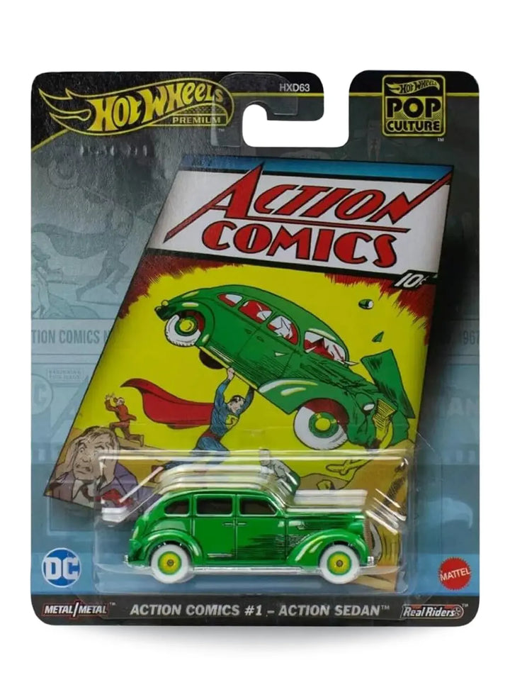 Hot Wheels Premium Pop Culture DC Action Comics #1 Action Sedan 1:64 scale premium diecast car mint on its original vintage comic book themed blister card.