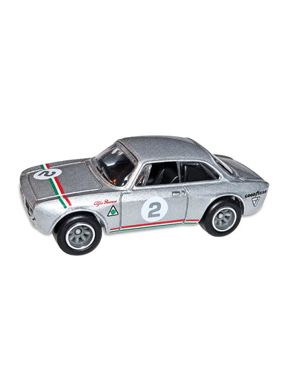 Close-up profile view of the premium silver Alfa Romeo Giulia Sprint GTA showcasing its clean vintage European coupe lines and silver-detailed RR8SP Real Riders wheels.