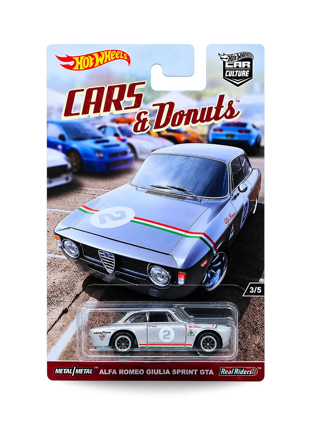 Hot Wheels Car Culture Cars & Donuts Alfa Romeo Giulia Sprint GTA 1:64 scale premium diecast car mint on its original highly collectible 3/5 variant blister card featuring a smooth silver finish and retro Euro-spec racing themed card art layout.
