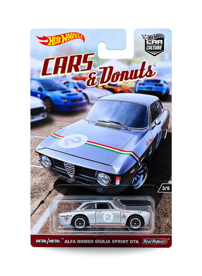 Hot Wheels Car Culture Cars & Donuts Alfa Romeo Giulia Sprint GTA 1:64 scale premium diecast car mint on its original highly collectible 3/5 variant blister card featuring a smooth silver finish and retro Euro-spec racing themed card art layout.