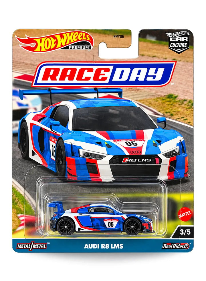 Hot Wheels Car Culture Race Day Audi R8 LMS 1:64 scale premium diecast car mint on its original highly collectible limited-edition 3/5 variant blister card.