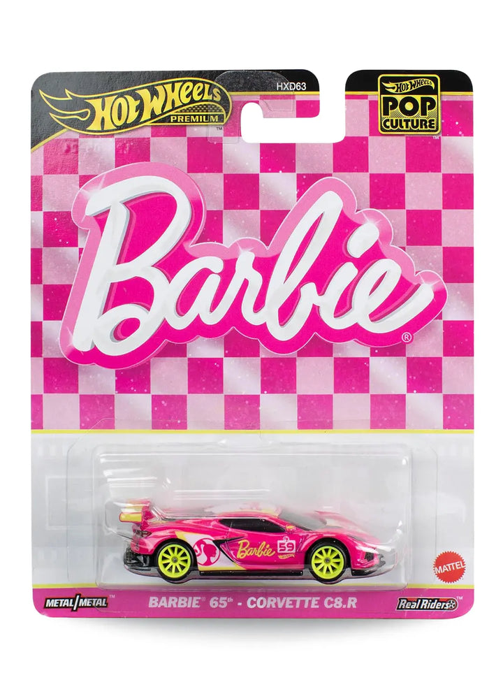 Hot Wheels Premium Pop Culture Barbie 65th Anniversary Corvette C8.R 1:64 scale premium diecast race car mint on its original pink checkerboard branding blister card