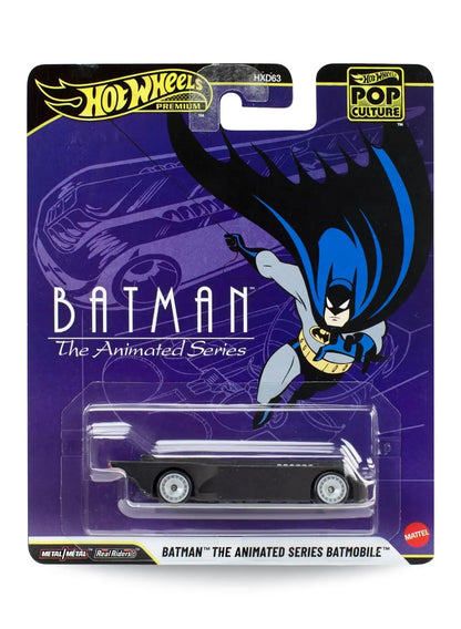 Hot Wheels Premium Pop Culture DC Batman The Animated Series Batmobile 1:64 scale premium diecast vehicle mint on its original purple card featuring retro 90s cartoon artwork of Batman.