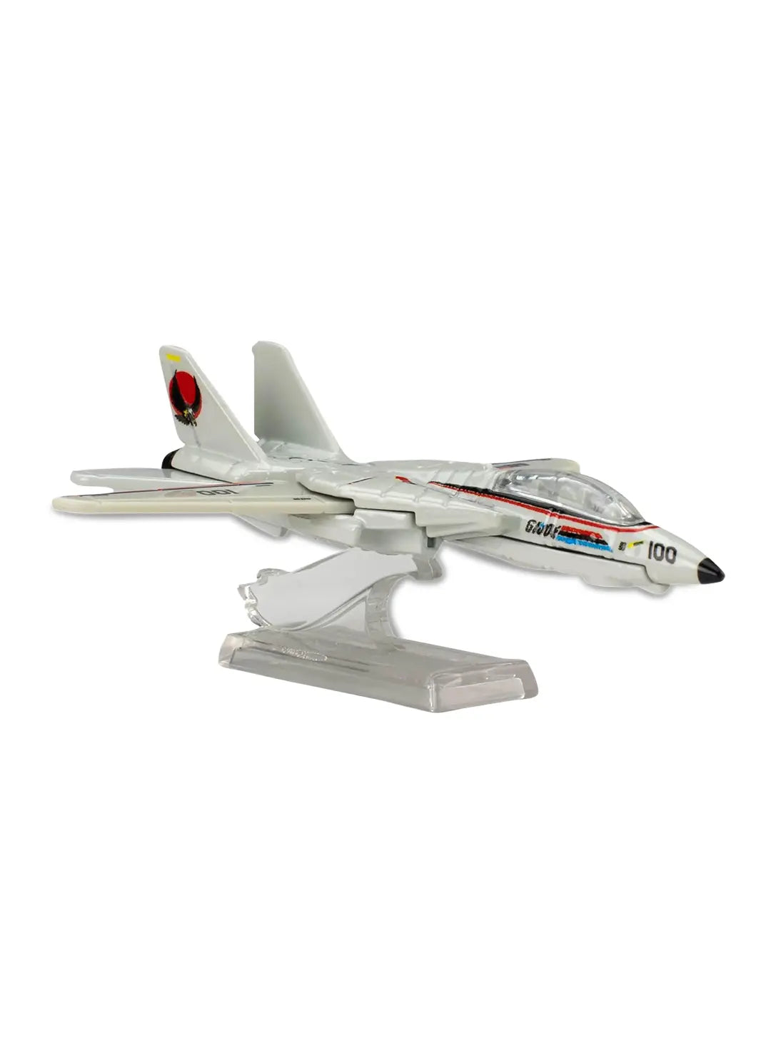 Close-up view of the off-white Hot Wheels G.I. Joe Combat Jet Skystriker showing red and blue fuselage stripes, number 001 wing insignias, and a clear plastic cockpit canopy canopy.