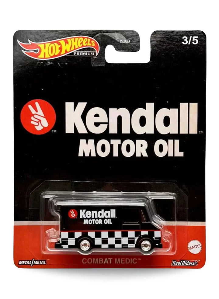Hot Wheels Premium Pop Culture Vintage Oil Combat Medic 1:64 scale premium diecast delivery van mint on its original black Kendall Motor Oil blister card.