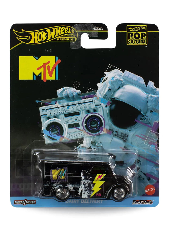 Hot Wheels Premium Pop Culture MTV Dairy Delivery 1:64 scale premium diecast delivery van mint on its original retro music television themed blister card.