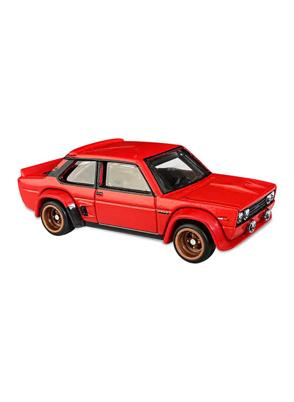 Close-up side view of the premium red Fiat 131 Abarth emphasizing its boxy retro silhouette, aggressive box-flared fenders, detailed hood scoops, and small four-spoke classic Minic4SP Real Riders wheels.