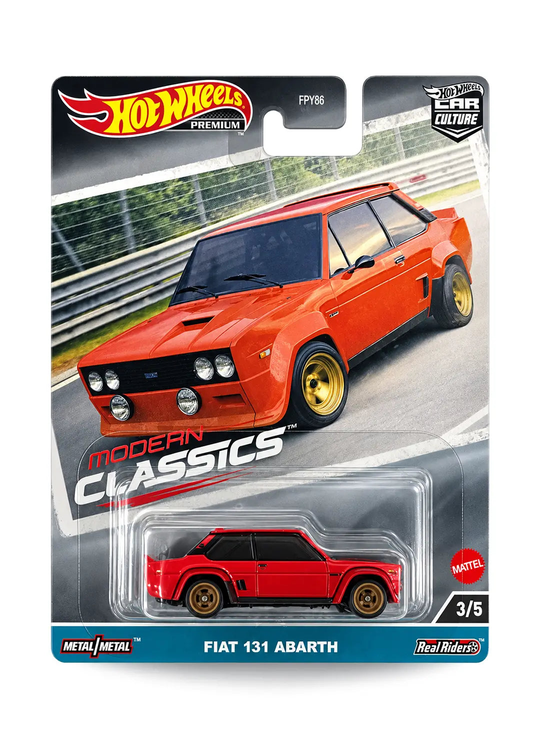 Hot Wheels Car Culture Modern Classics Fiat 131 Abarth 1:64 scale premium diecast car mint on its original highly collectible 3/5 variant blister card showcasing the red retro rally build casting debut artwork.