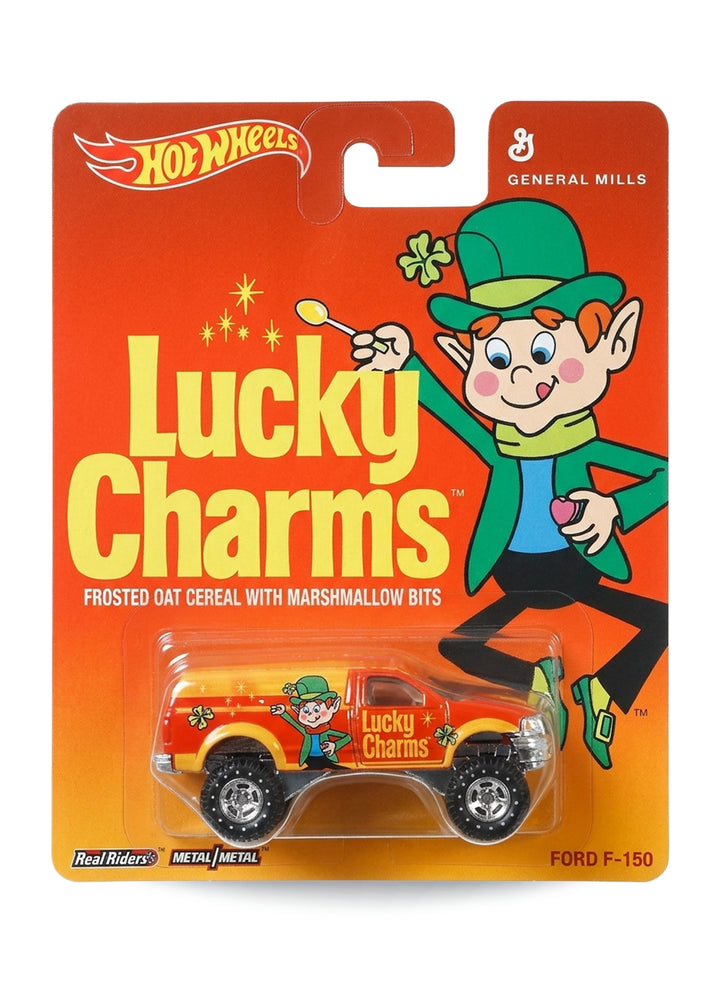 Hot Wheels Pop Culture General Mills Lucky Charms '15 Ford F-150 1:64 scale diecast truck mint on its original cereal box art blister card.