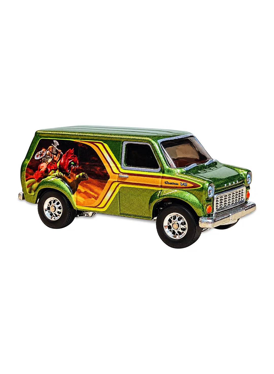Close-up view of the metalflake green Hot Wheels He-Man Ford Transit Supervan showing yellow stripes and chrome wheels.