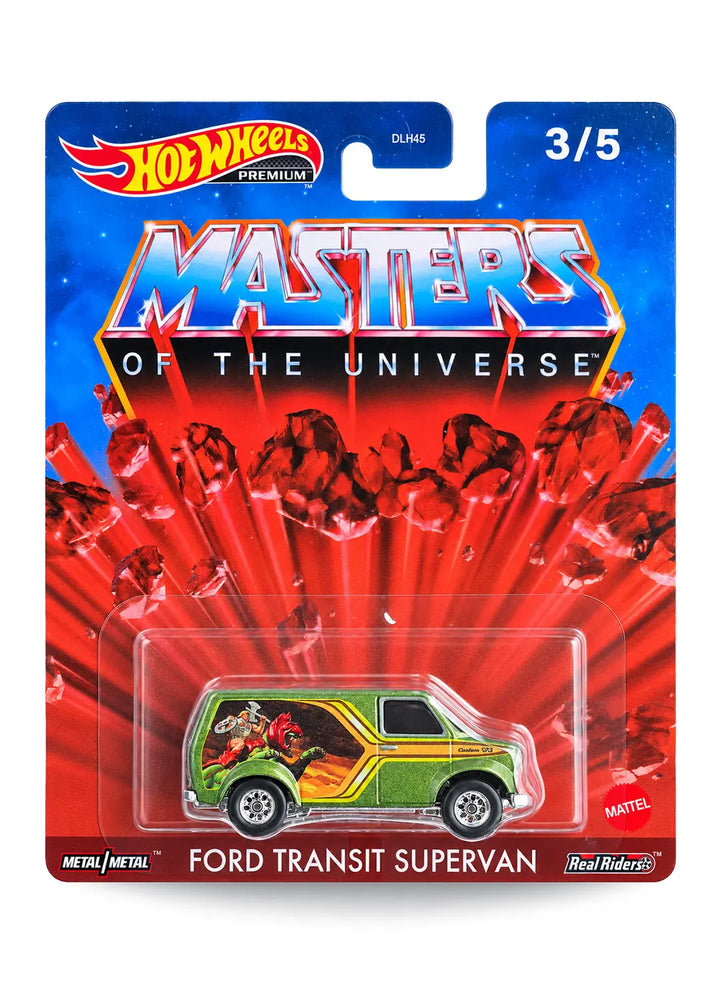 Hot Wheels Pop Culture Masters of the Universe He-Man Ford Transit Supervan 1:64 scale premium diecast van mint on card.