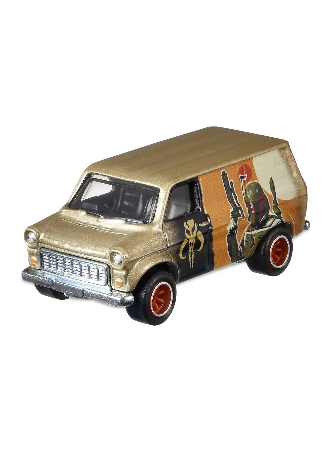 Close-up view of the champagne gold Hot Wheels Boba Fett Ford Transit Supervan showing a black roof, side graphics, and copper-rimmed wheels.