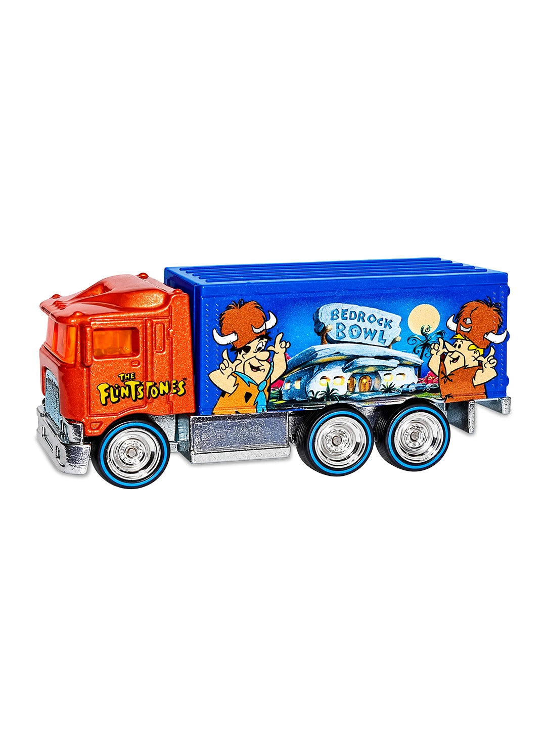 Close-up view of the orange and blue Hot Wheels The Flintstones Hiway Hauler truck showing side bowling graphics and blue chrome Real Riders wheels.