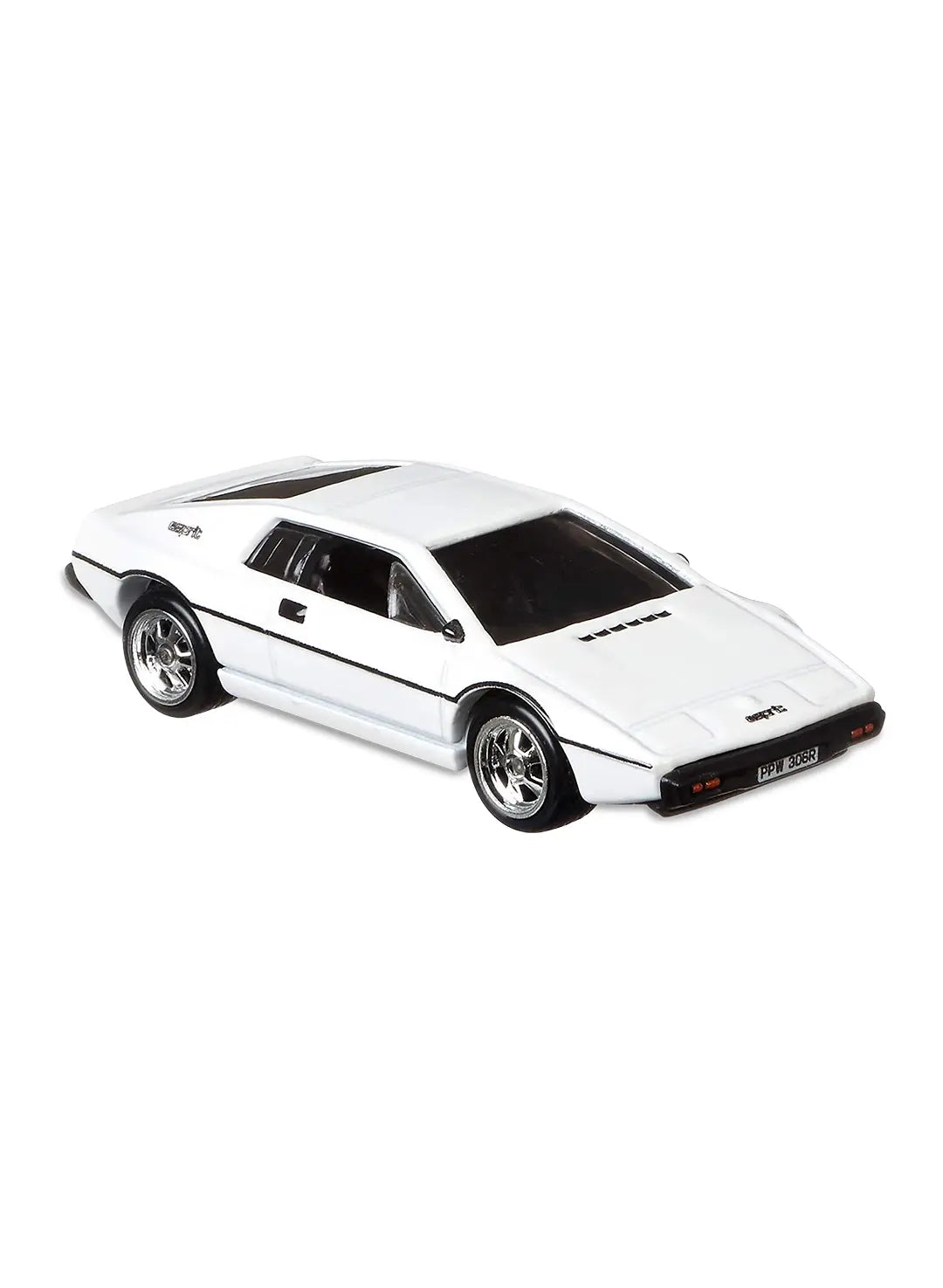 Close-up view of the alpine white Hot Wheels James Bond Lotus Esprit S1 wedge coupe showing clean black trim lines and silver deep-dish Real Riders wheels.