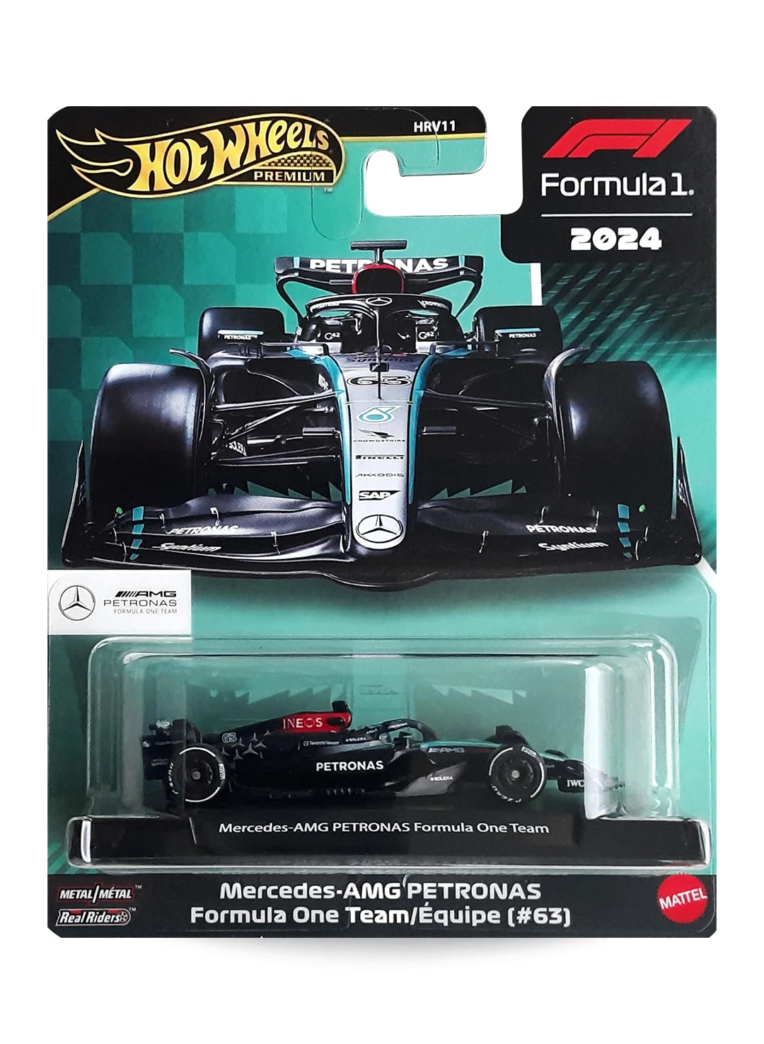 Hot Wheels 2025 Formula One Collection Mix 3 Mercedes-Benz Mercedes-AMG PETRONAS Formula One Team (#63) 1:64 – Black & Teal